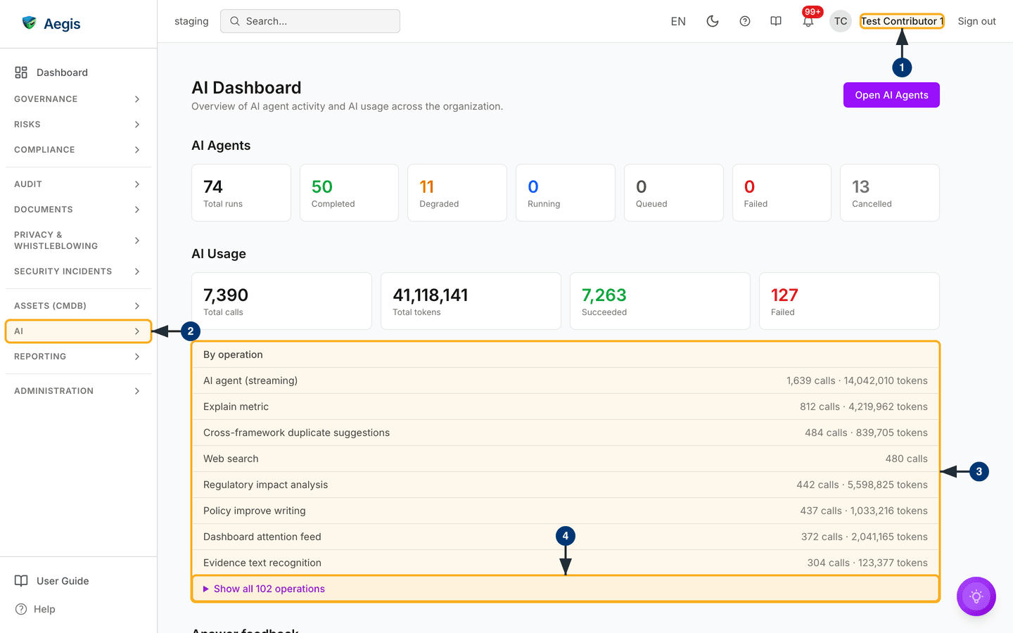 The AI Dashboard: agent-run counts, AI usage and the per-operation breakdown — /ai.