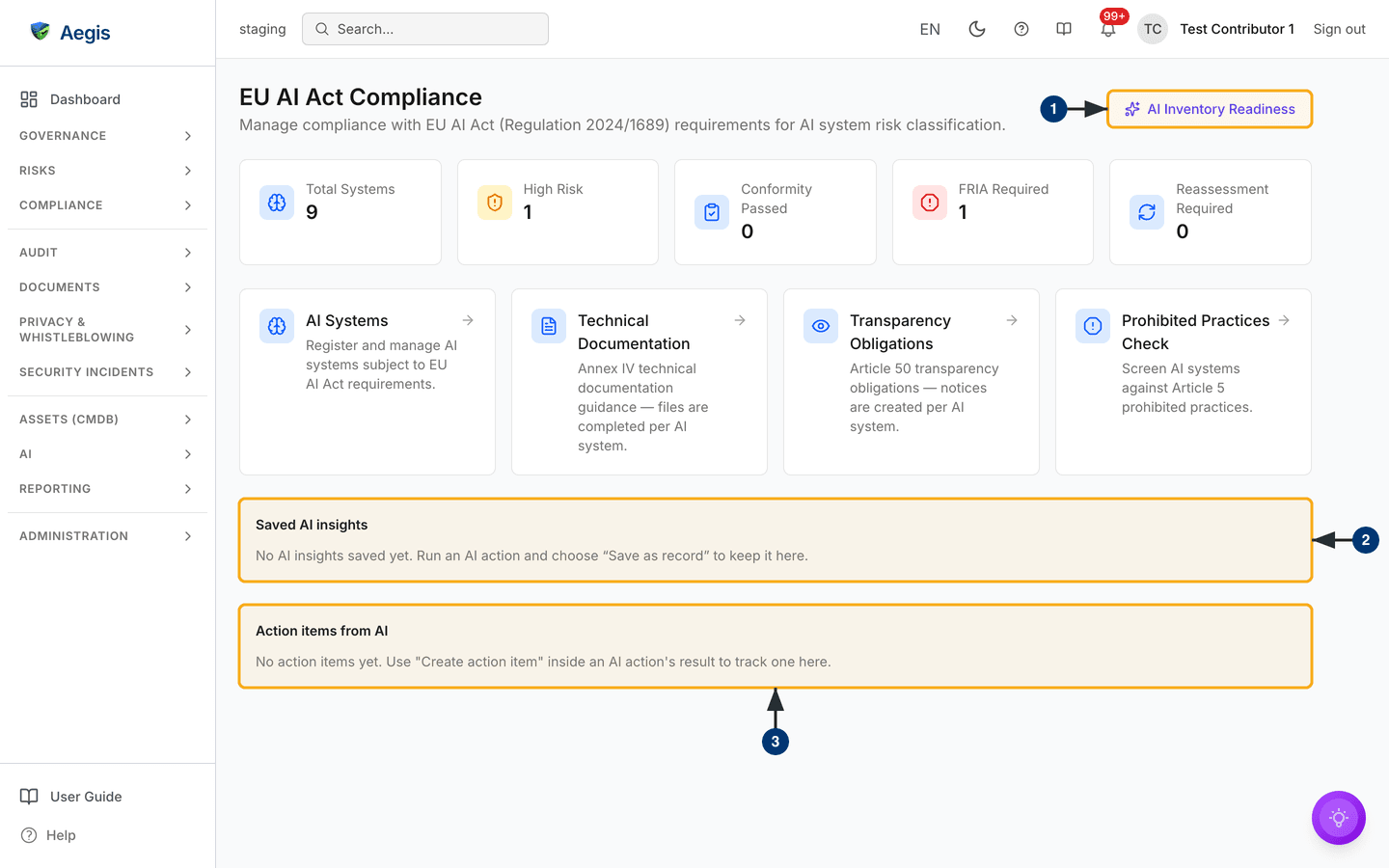 The EU AI Act landing page with nine registered systems and both AI panels still empty — /compliance/eu-ai-act.