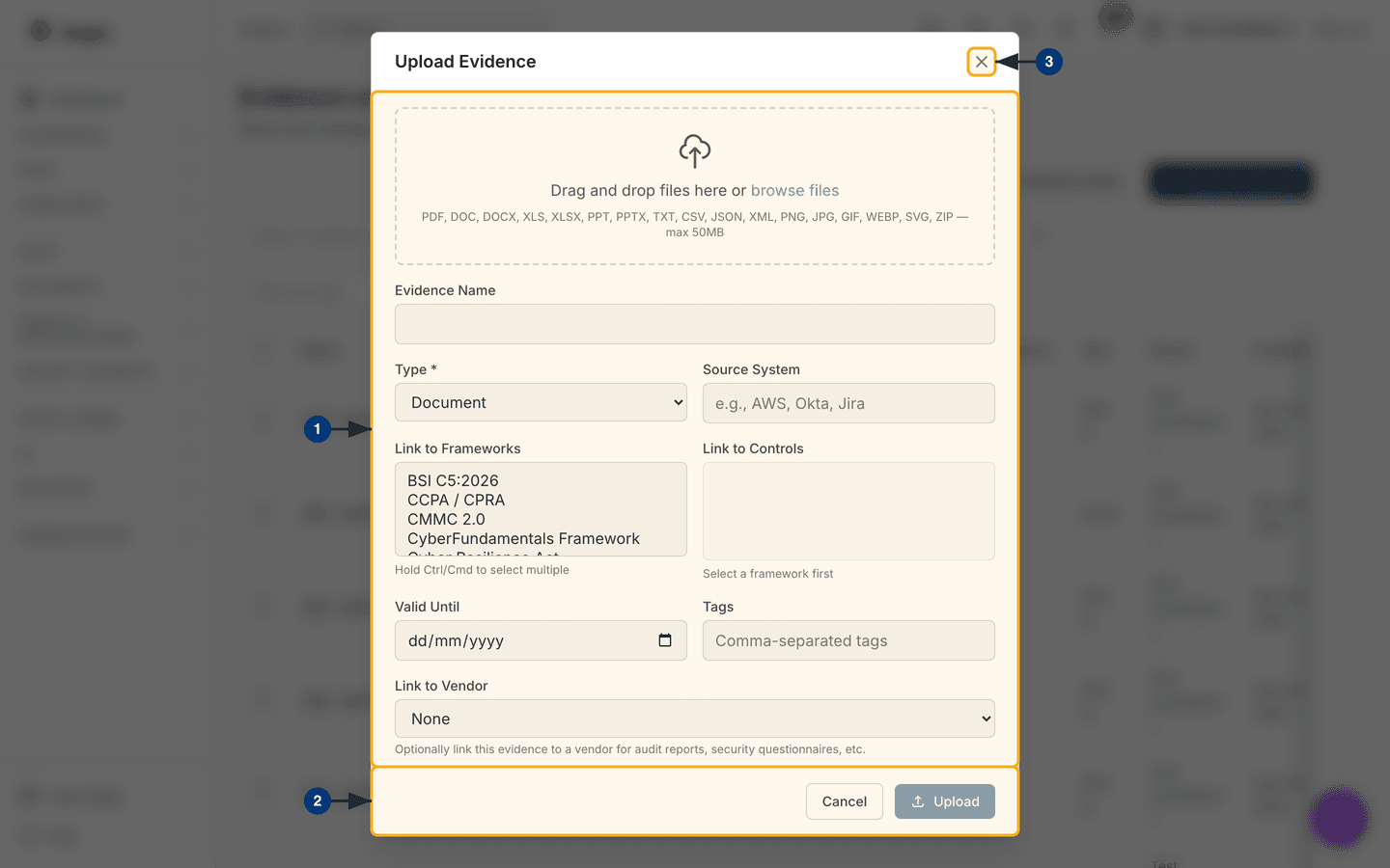 The Upload Evidence dialog: drop zone, metadata fields and framework and control pickers — /evidence.